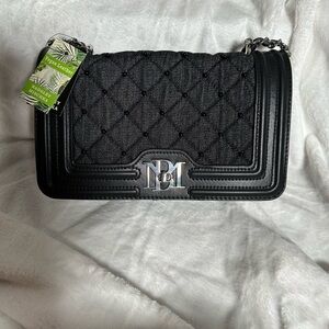 Badgley Mischka Black Quilted Denim Crossbody Bag